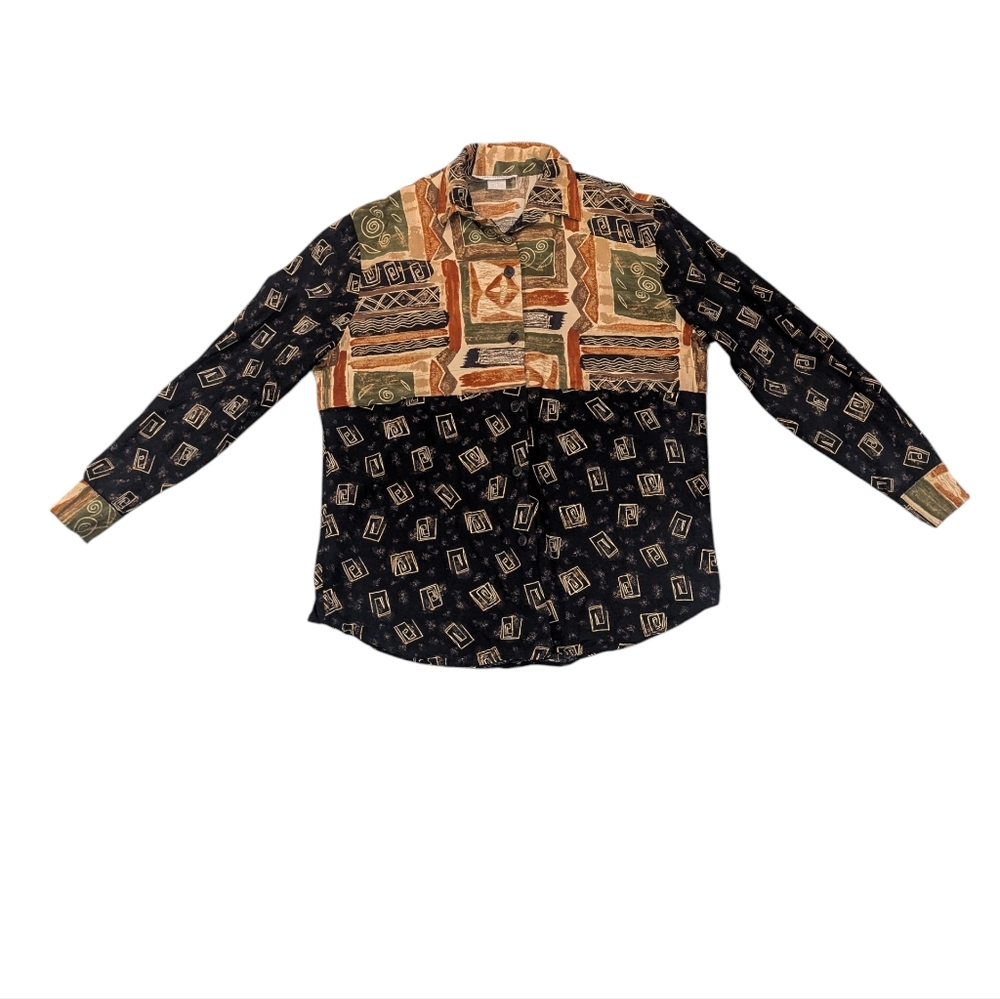 John Henry 80s 90s Women's Geometric Abstract Button-Up Blouse - Sz L